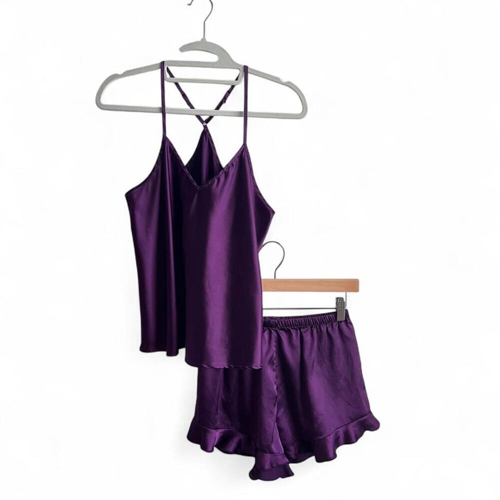 Purple Satin 2 Piece Pajama Set Women's Sleepwear Size Small